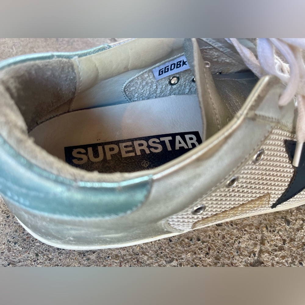 Golden Goose Superstar White Silver Half Green Laminated Leather Sneakers SzEU38 - Picture 9 of 11